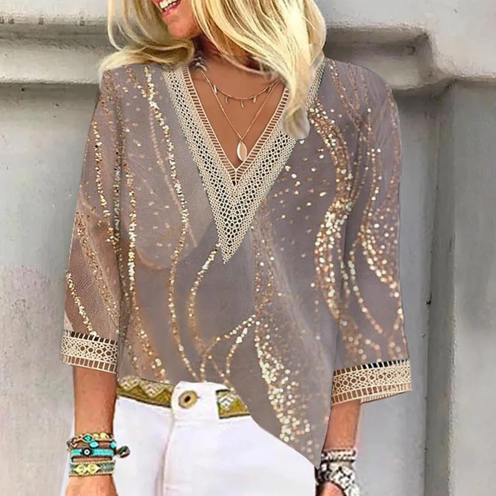 Blusa Glitter Estiva da Donna | Scollo a V, Dettaglio in Pizzo