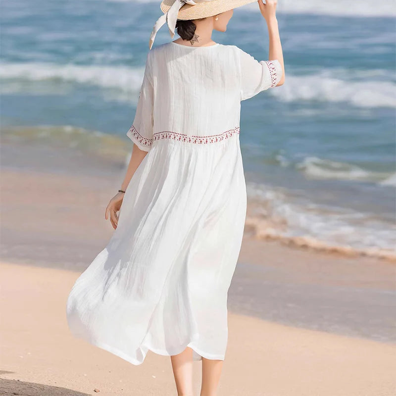 Dames Luchtige strandjurk met borduursel | Maxi