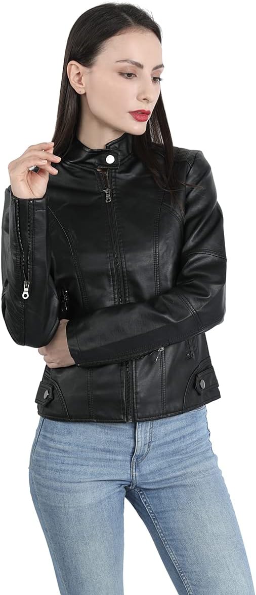 Giacca in pelle autunnale da donna | corta, con tasche con cerniera