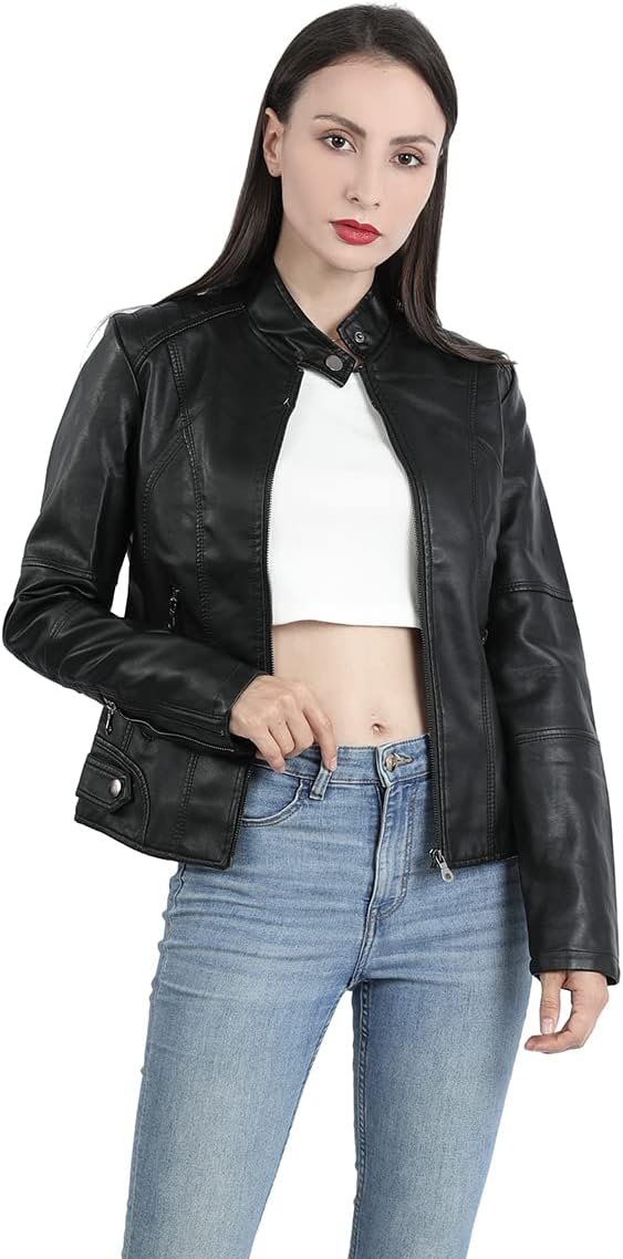 Giacca in pelle autunnale da donna | corta, con tasche con cerniera