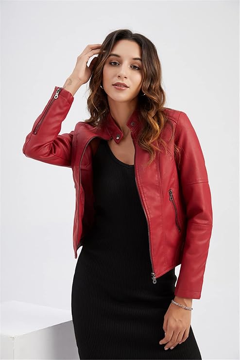 Giacca in pelle autunnale da donna | corta, con tasche con cerniera