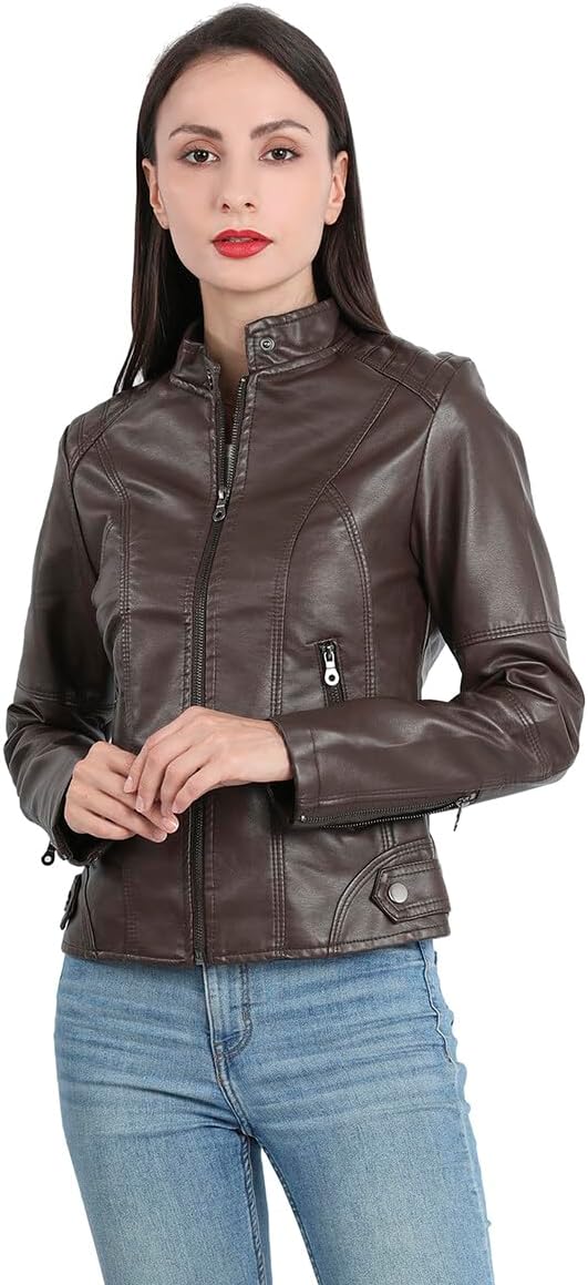 Giacca in pelle autunnale da donna | corta, con tasche con cerniera
