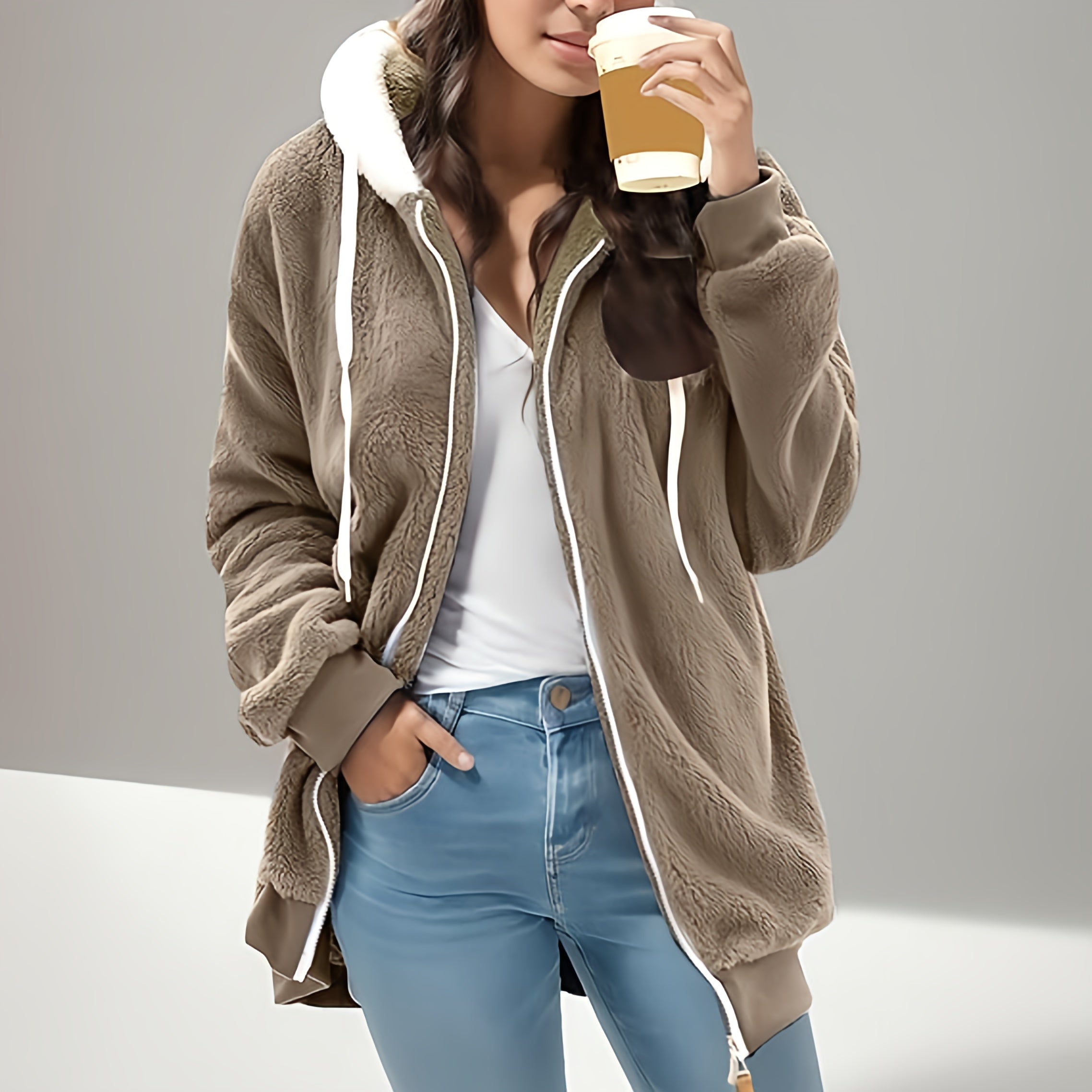 Gilet con cappuccio in pile Teddy da donna | Oversize, chiusura con cerniera