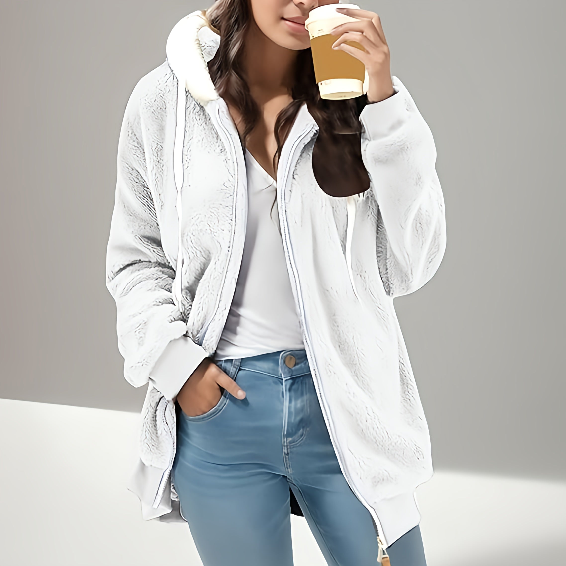 Gilet con cappuccio in pile Teddy da donna | Oversize, chiusura con cerniera