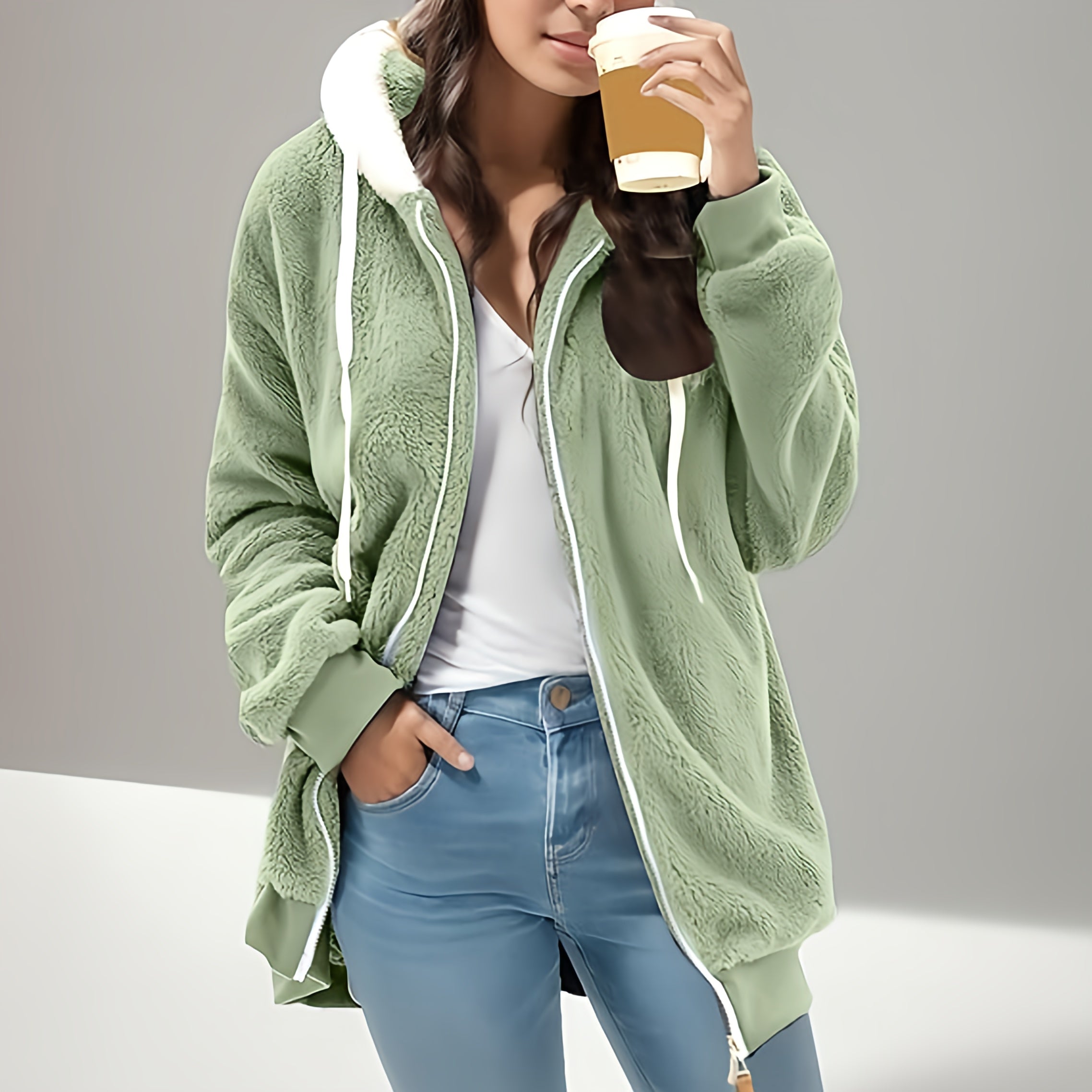 Gilet con cappuccio in pile Teddy da donna | Oversize, chiusura con cerniera