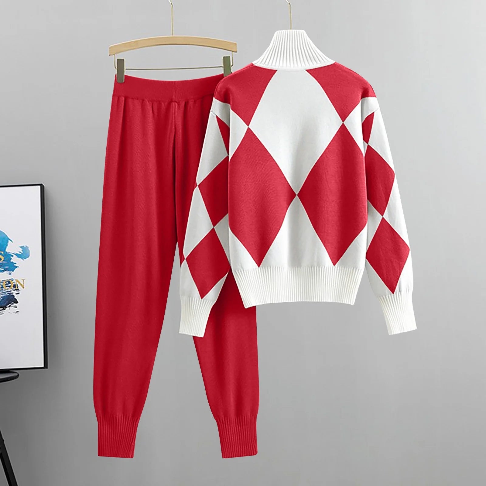 Dames gebreide argyle lounge set | Comfortabel, vintage