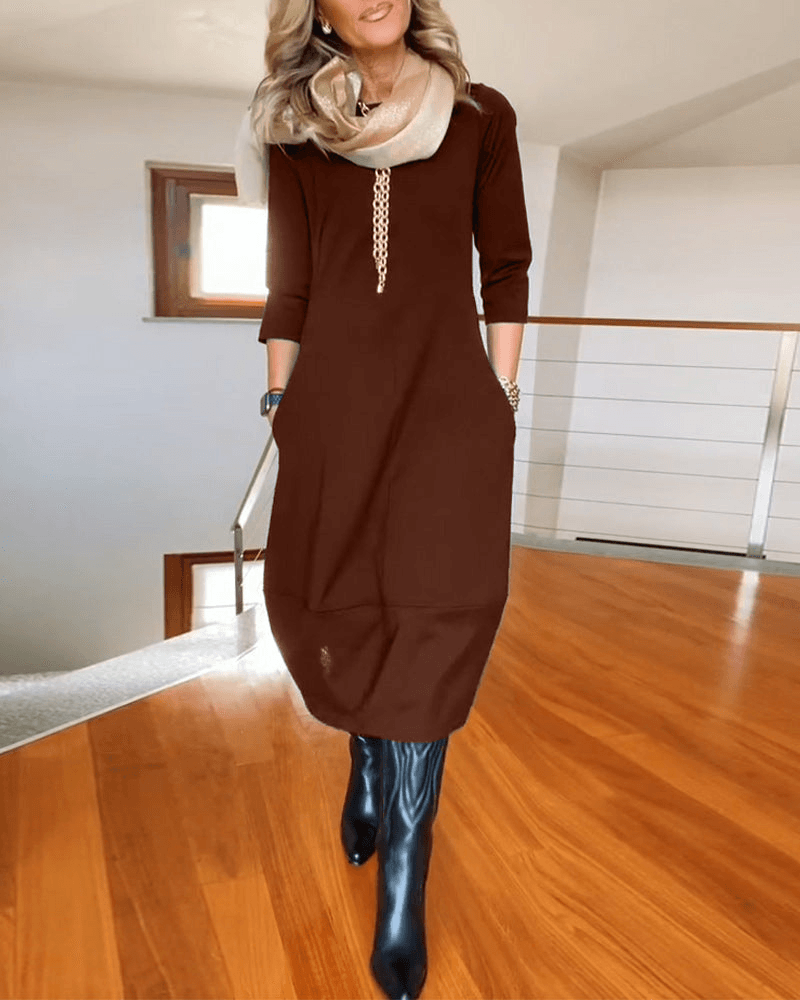 Abito elegante da donna a maniche lunghe con tasche | Midi
