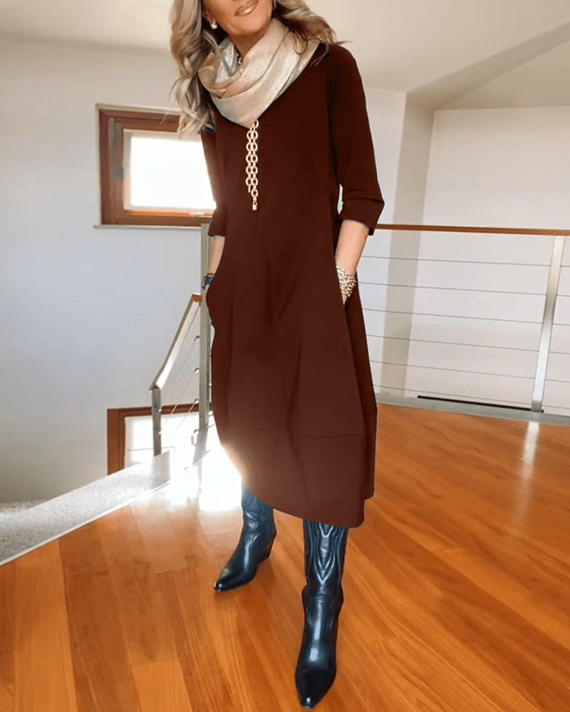 Abito elegante da donna a maniche lunghe con tasche | Midi