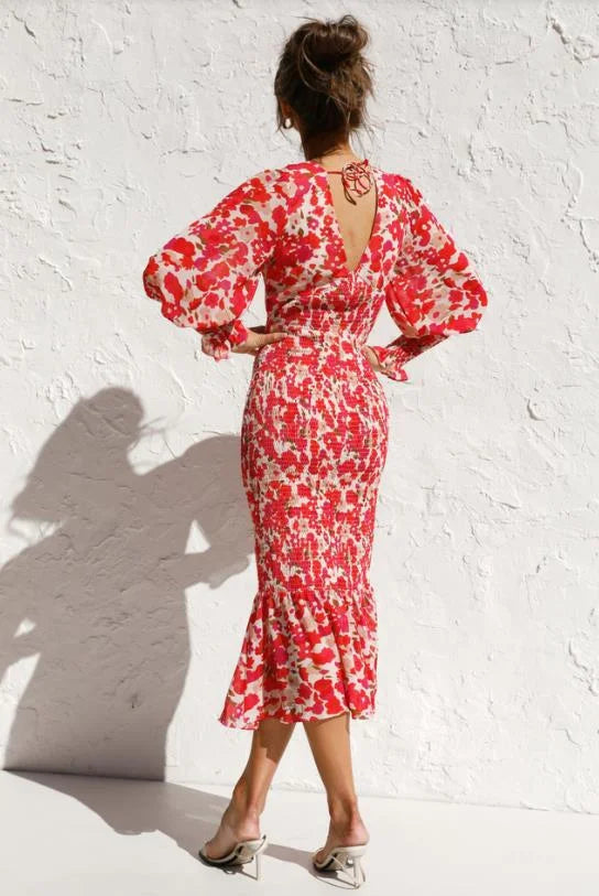 Dames Elegante zomerjurk met ruches en bloemenprint | Midi
