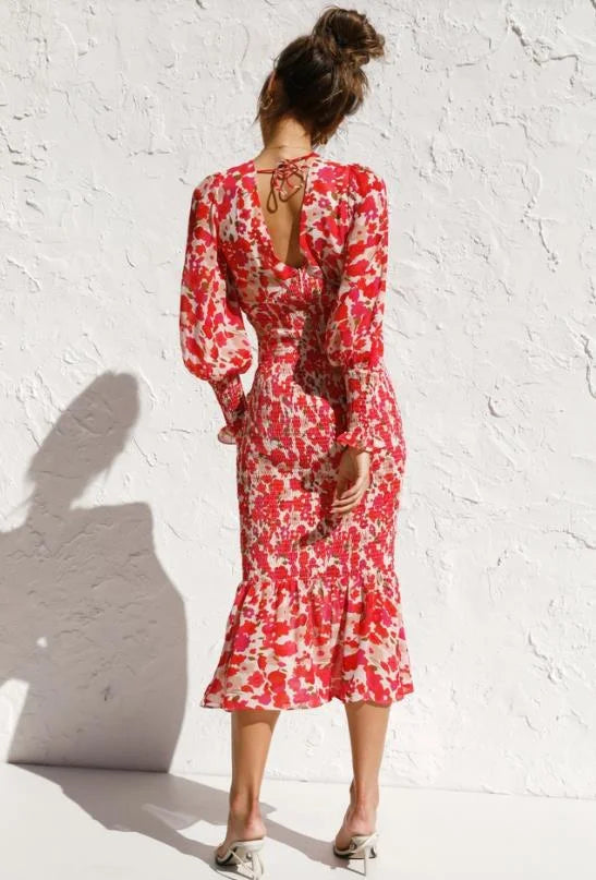 Dames Elegante zomerjurk met ruches en bloemenprint | Midi