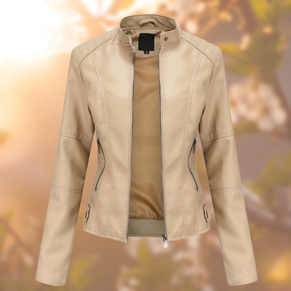 Giacca in pelle autunnale da donna | corta, con tasche con cerniera