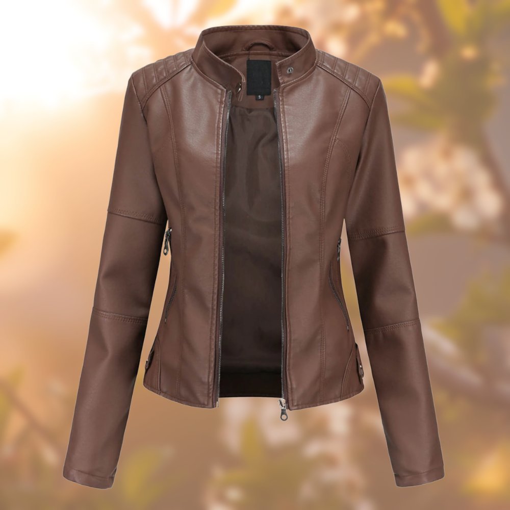 Giacca in pelle autunnale da donna | corta, con tasche con cerniera
