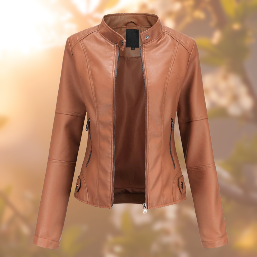 Giacca in pelle autunnale da donna | corta, con tasche con cerniera