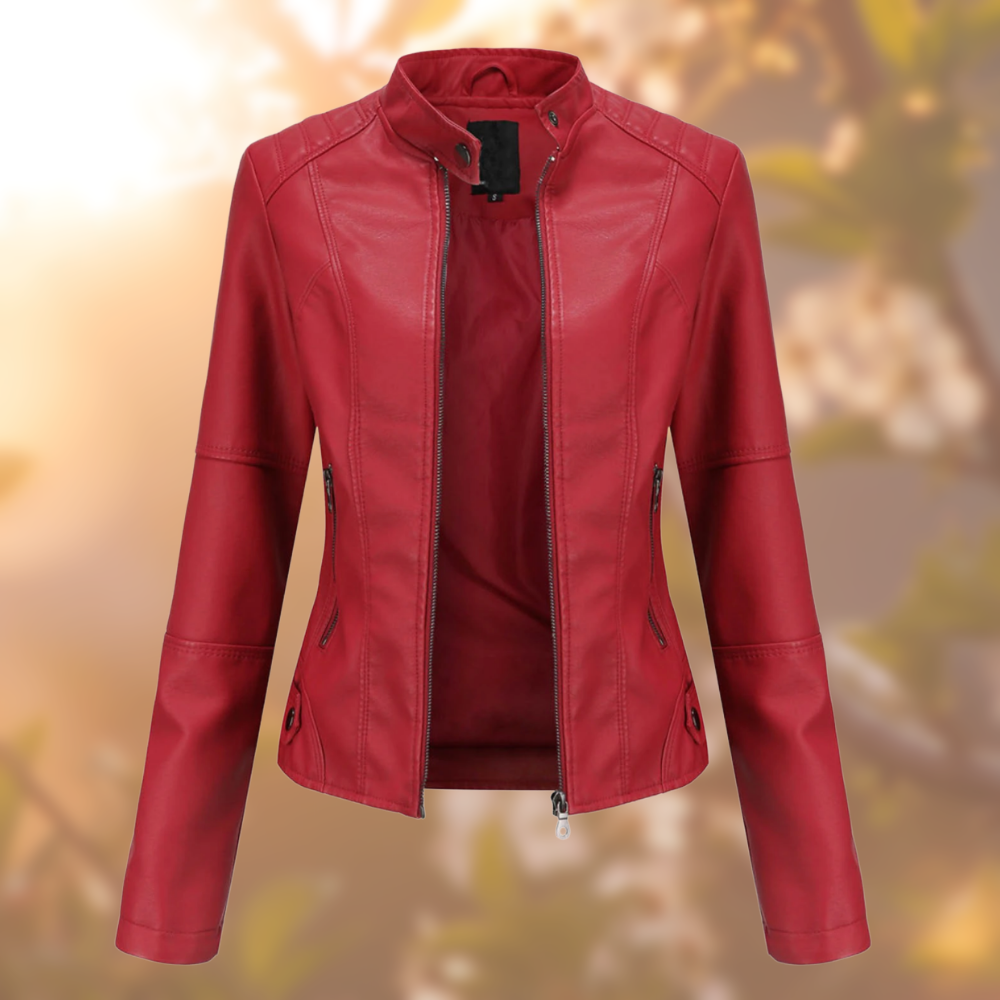 Giacca in pelle autunnale da donna | corta, con tasche con cerniera