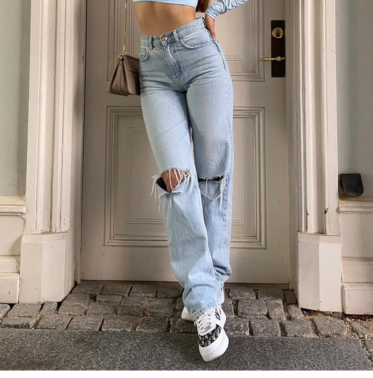 Jeans casual dritti da donna | Vita alta, strappati