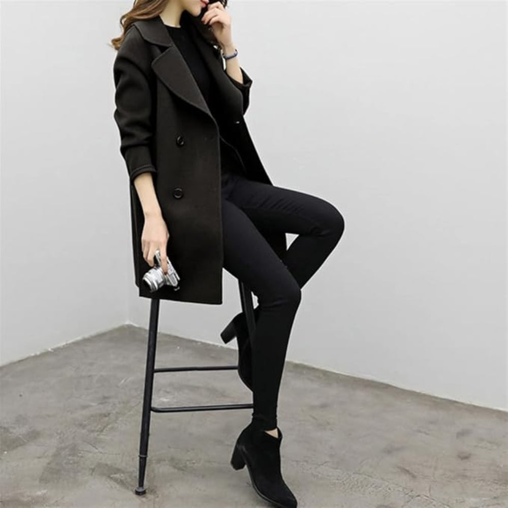 Dames Elegante Wol Trenchcoat - Dubbelrijige Winterjas Warm