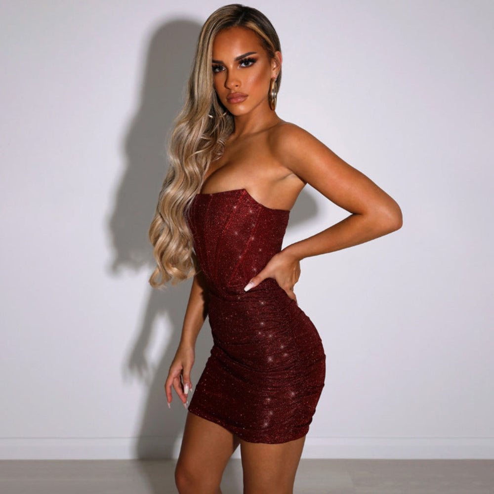 Dames Glinsterende Strapless Avondjurk - Strak Mini