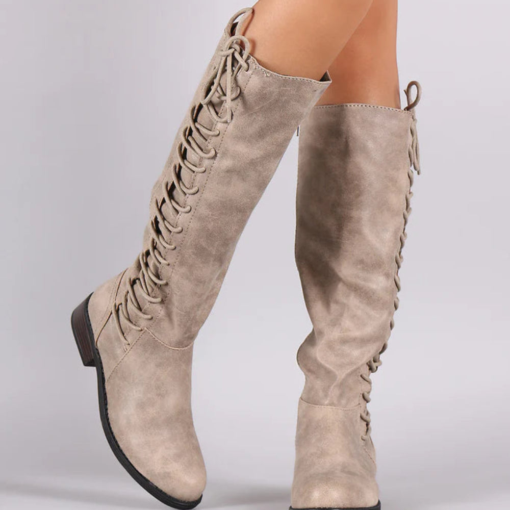 Dames Knie-hoog Veters Laarzen - Combat Hoog