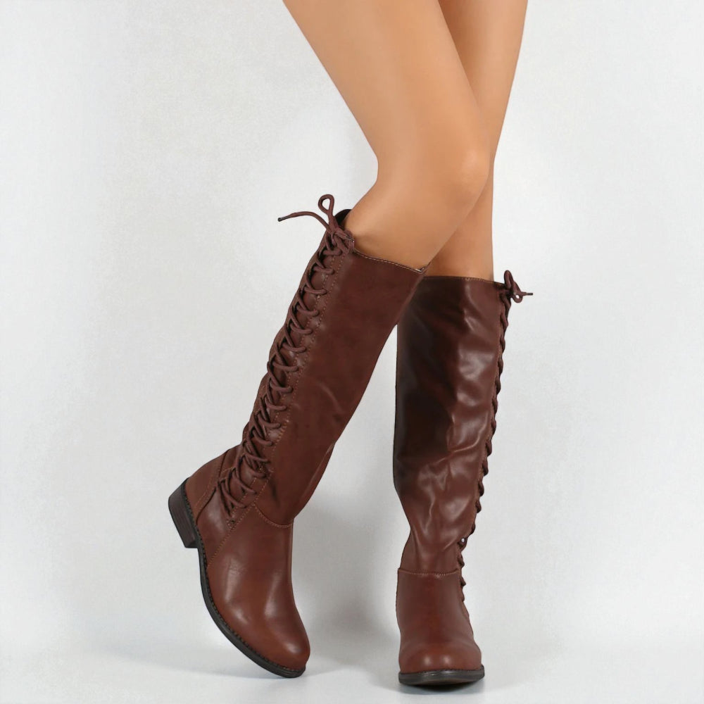 Dames Knie-hoog Veters Laarzen - Combat Hoog