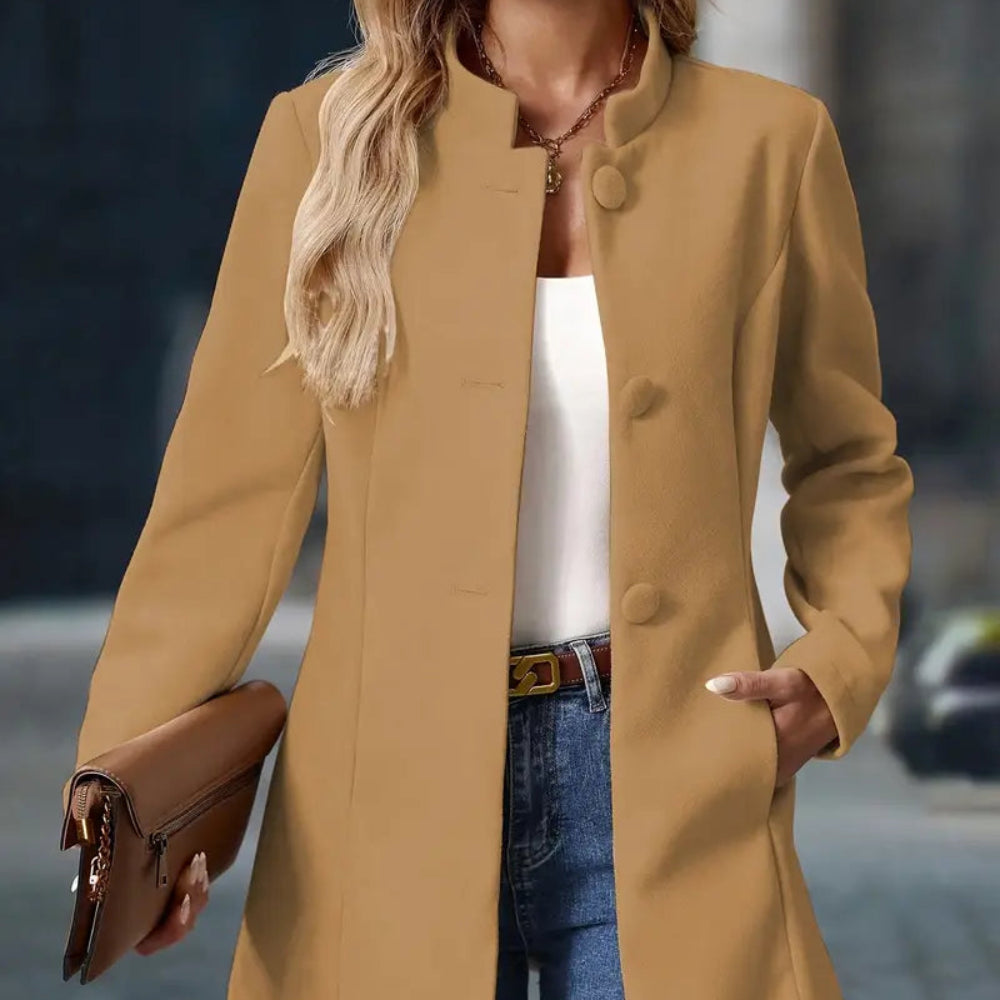 Dames Lange Winter Blazer Jas - Getailleerd Staande Kraag