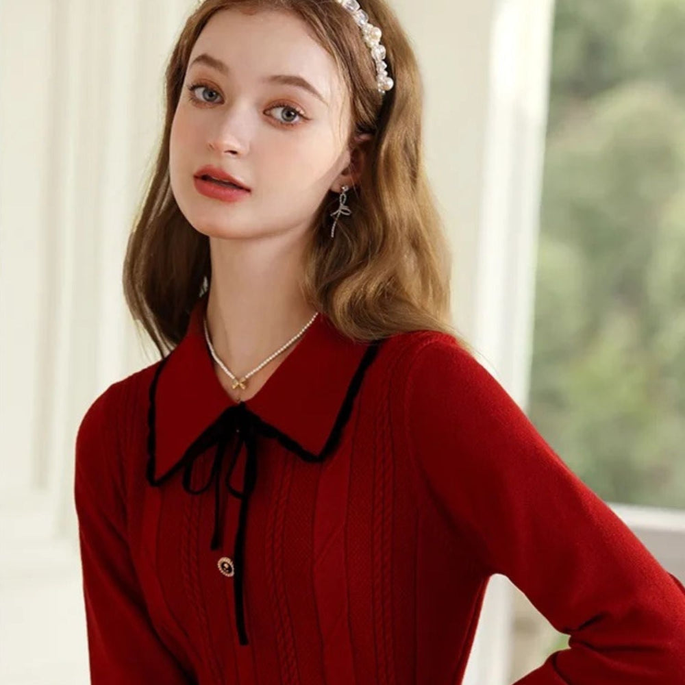 Dames Vintage Kerst Jurk - Lange Mouwen Kraag Midi