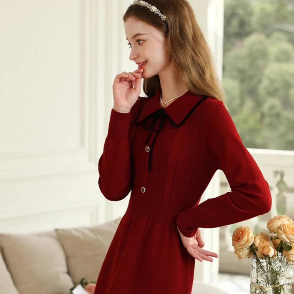 Dames Vintage Kerst Jurk - Lange Mouwen Kraag Midi