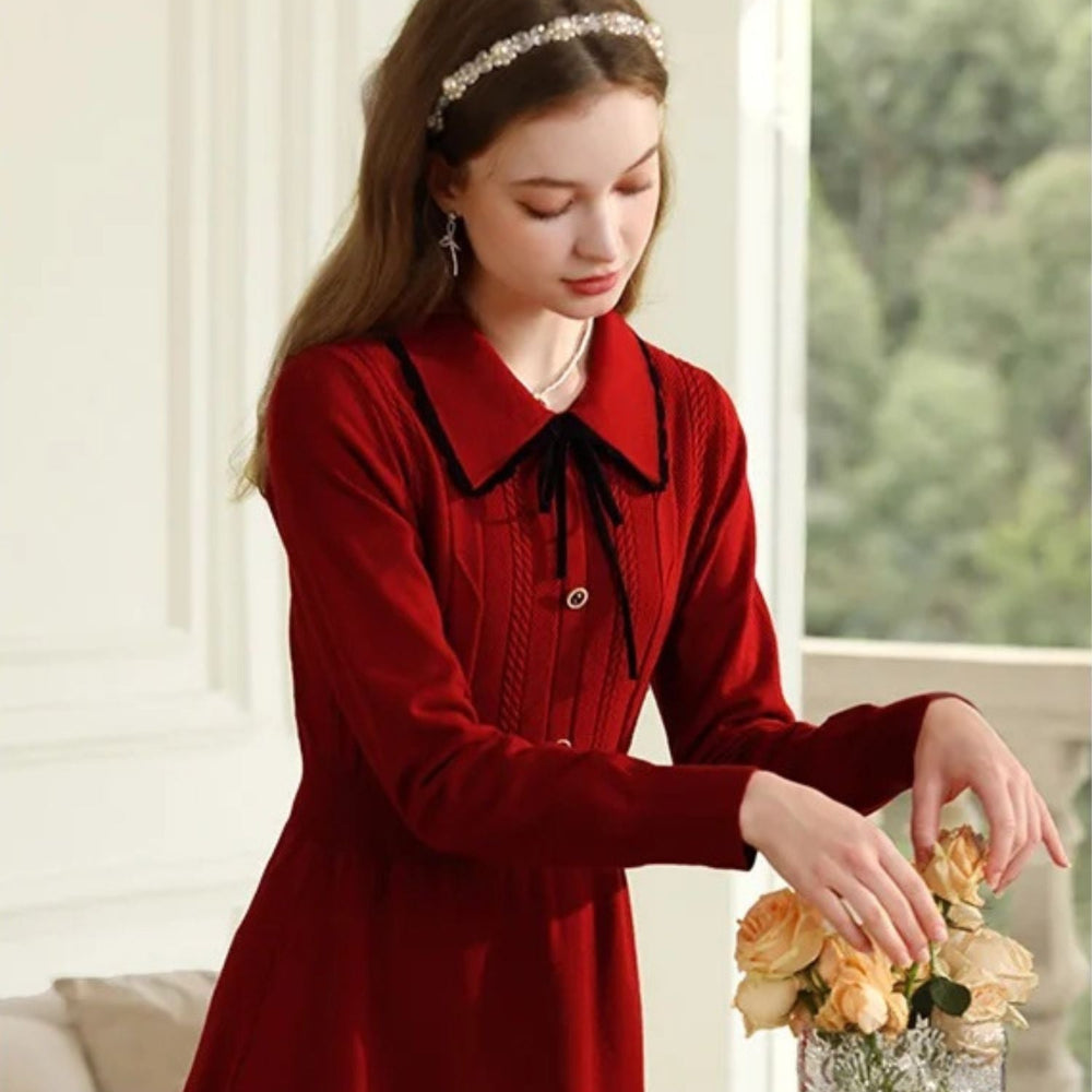 Dames Vintage Kerst Jurk - Lange Mouwen Kraag Midi