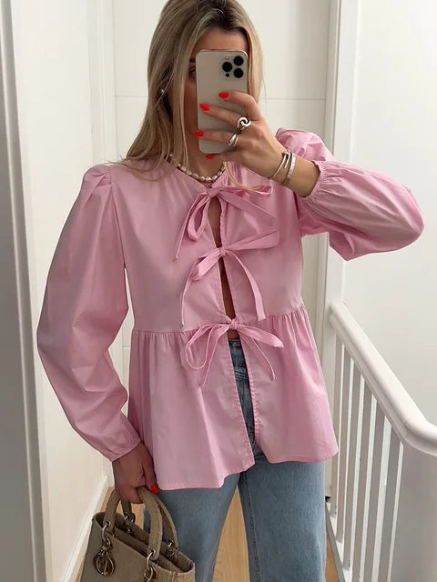 Dames Witte Blouse | Strik Lange Mouwen