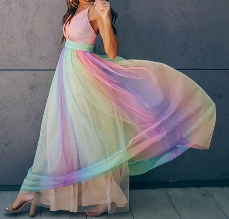 Abito da festa lucido da donna con tulle arcobaleno | Maxi