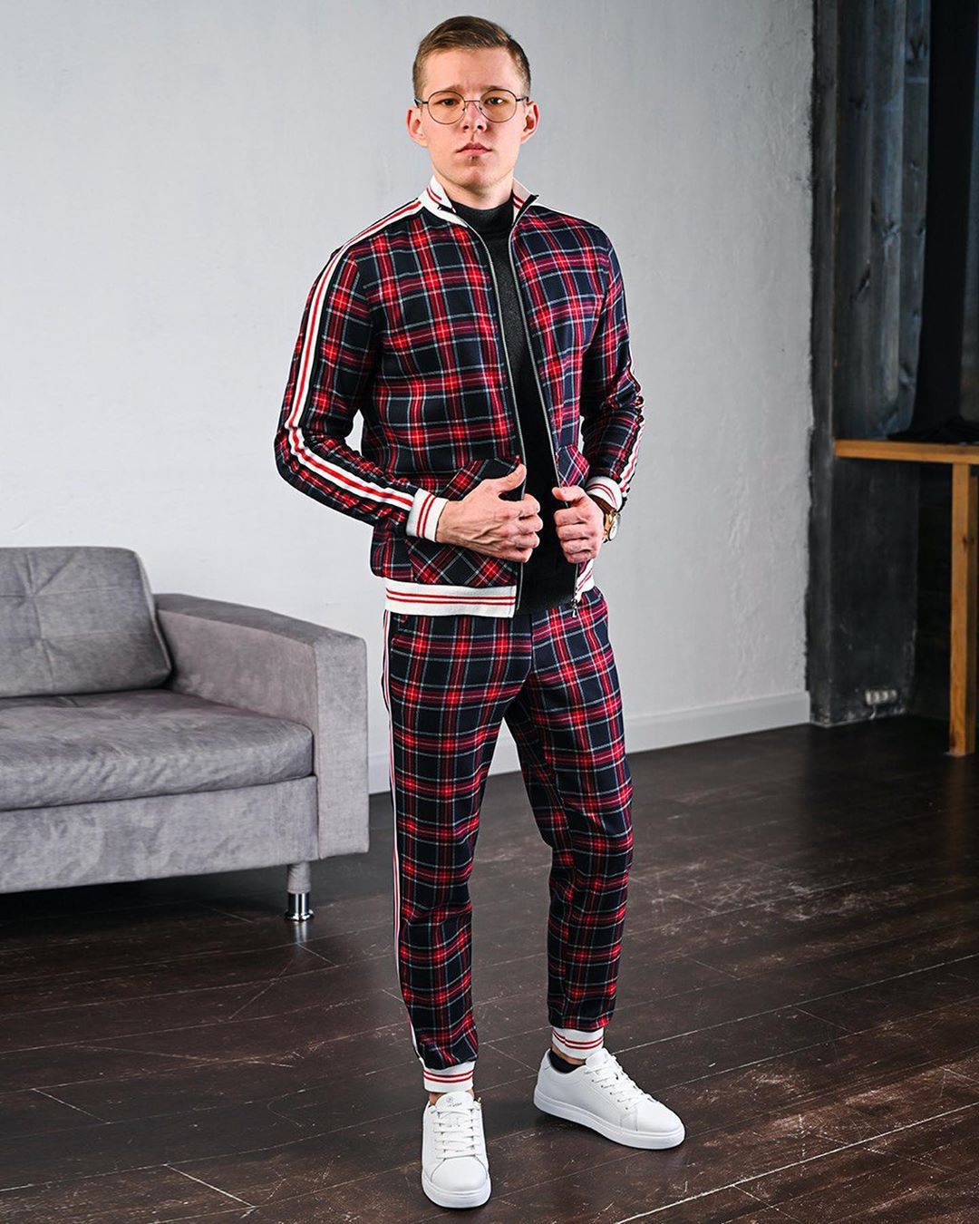 Heren Sportief Ruit Tweedelig Set | Ritssluiting, Joggingbroek