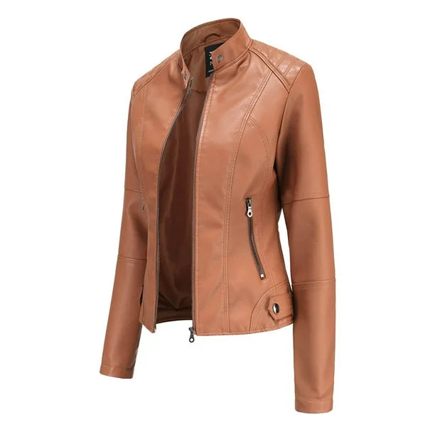 Giacca in pelle autunnale da donna | corta, con tasche con cerniera