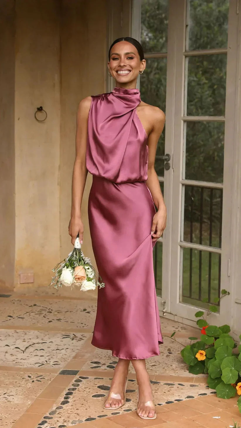 Dames Elegante satijnen avondjurk | Midi