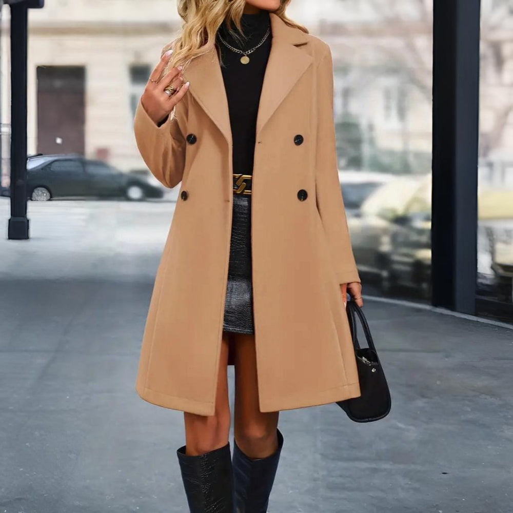 Dames Wollen Winter Mantel – Lange Mouw Dubbele Rij Knopen