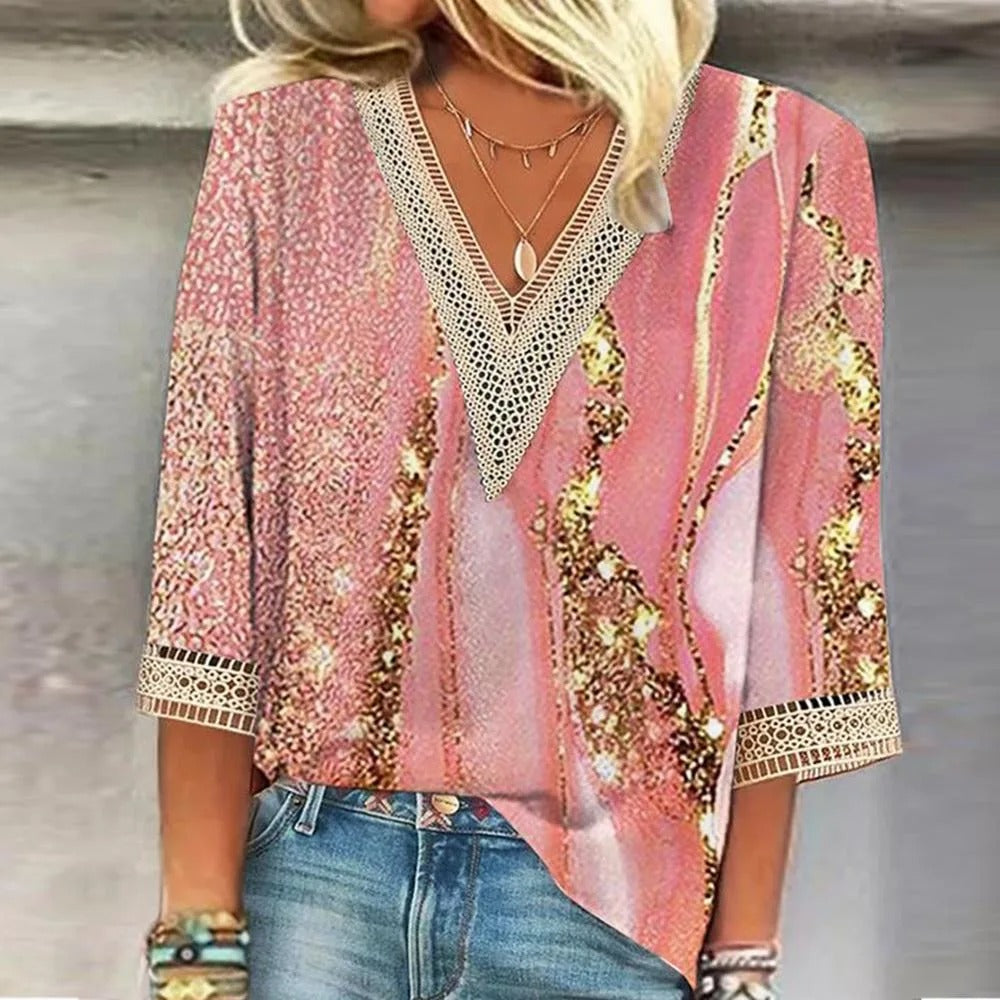 Blusa Glitter Estiva da Donna | Scollo a V, Dettaglio in Pizzo