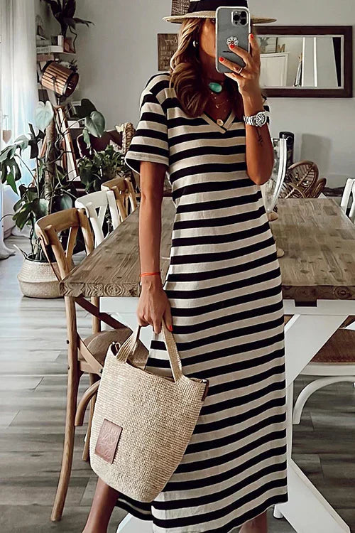 Dames Gestreepte zomerjurk met V-hals | Maxi