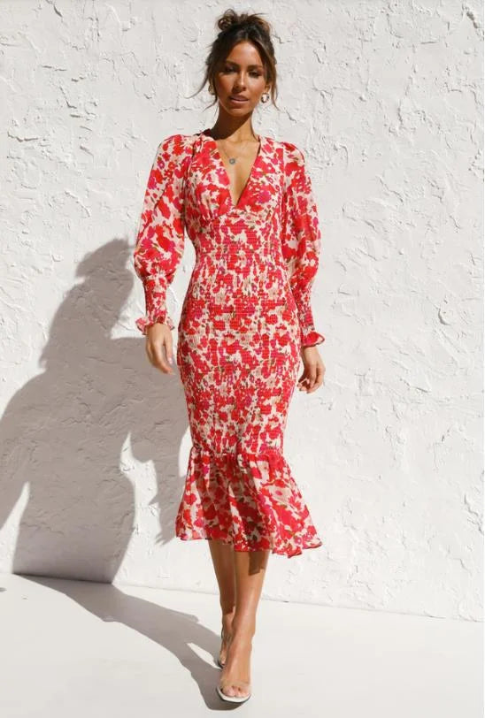 Dames Elegante zomerjurk met ruches en bloemenprint | Midi