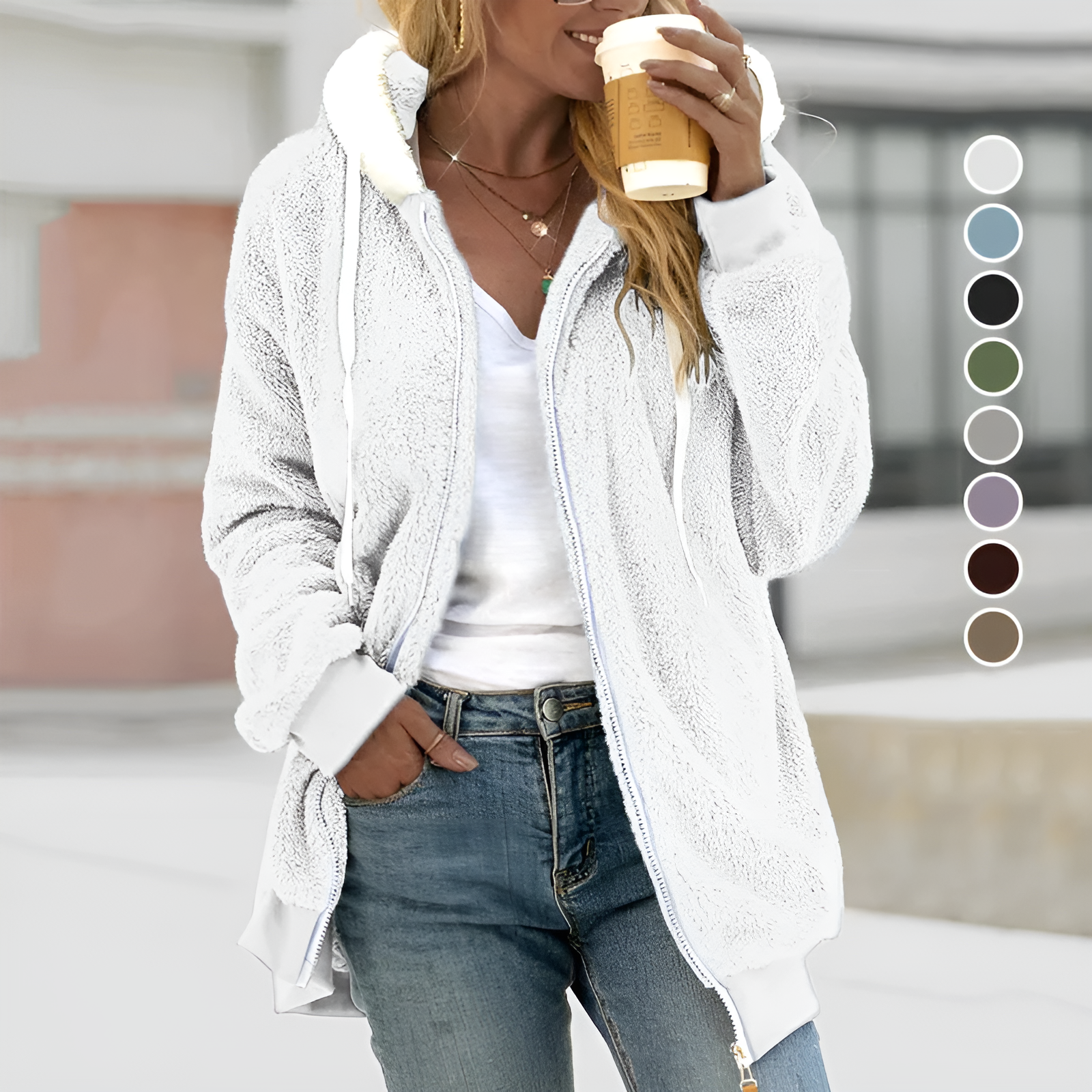 Gilet con cappuccio in pile Teddy da donna | Oversize, chiusura con cerniera