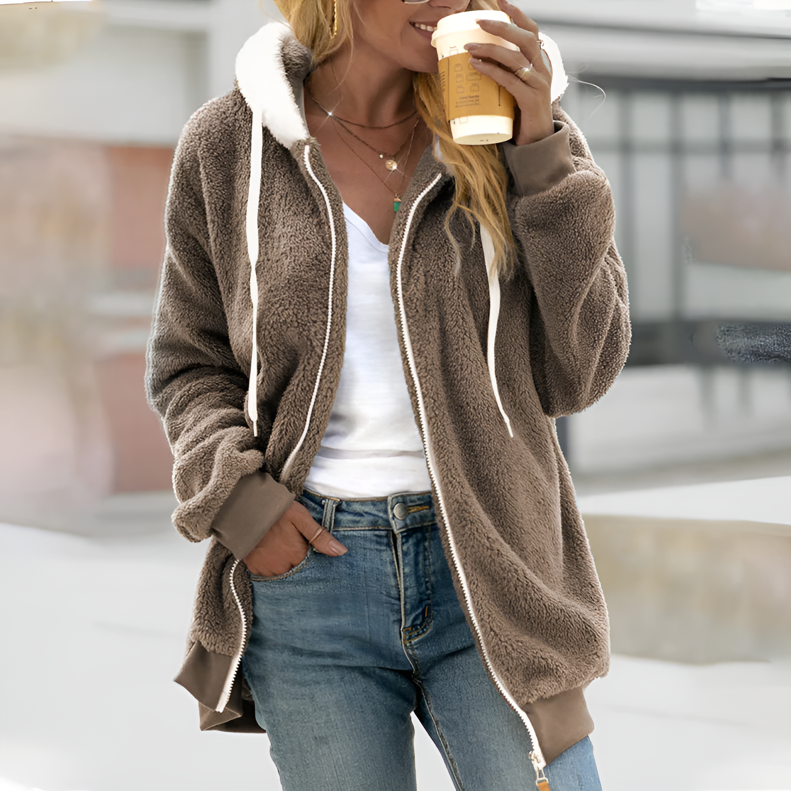 Gilet con cappuccio in pile Teddy da donna | Oversize, chiusura con cerniera