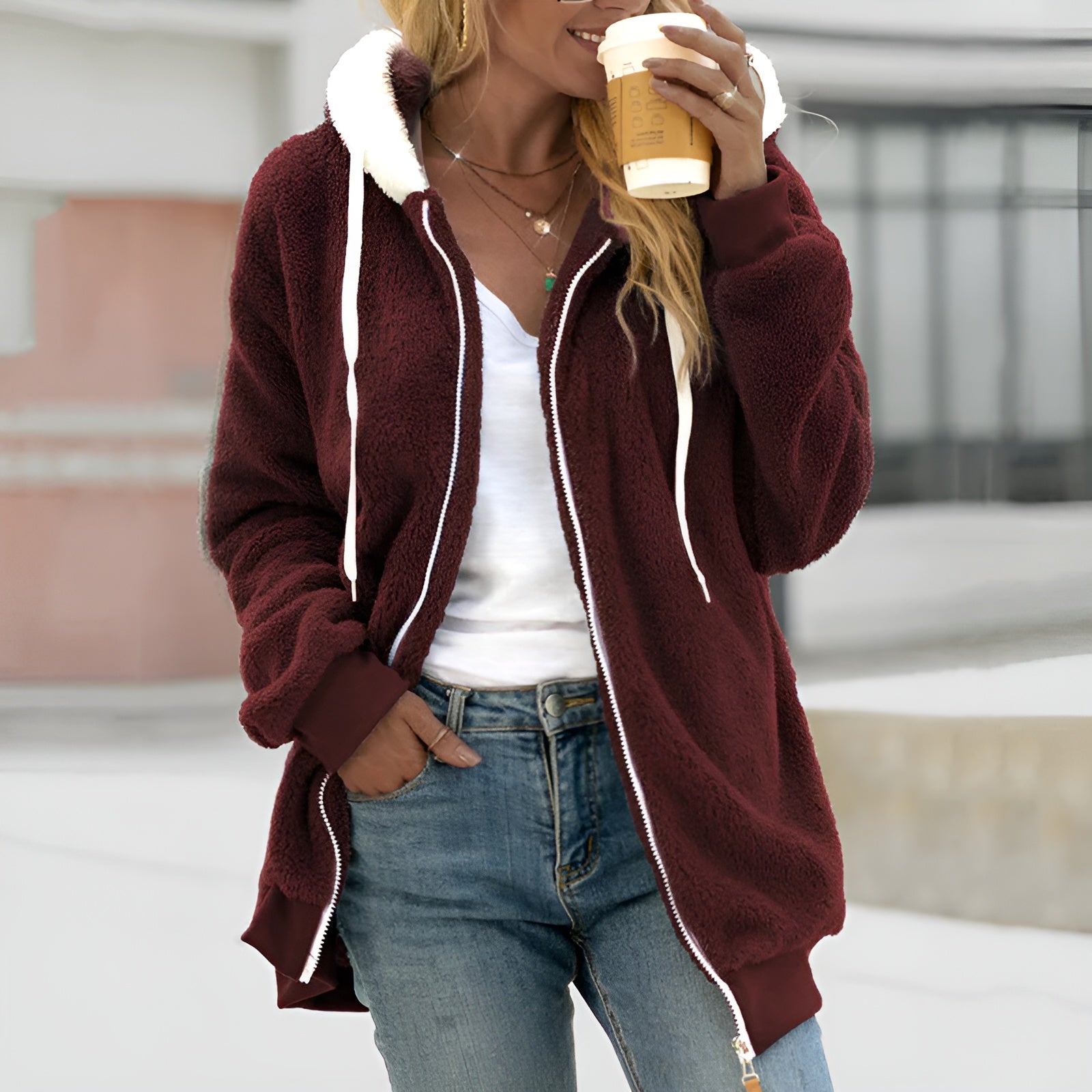 Gilet con cappuccio in pile Teddy da donna | Oversize, chiusura con cerniera