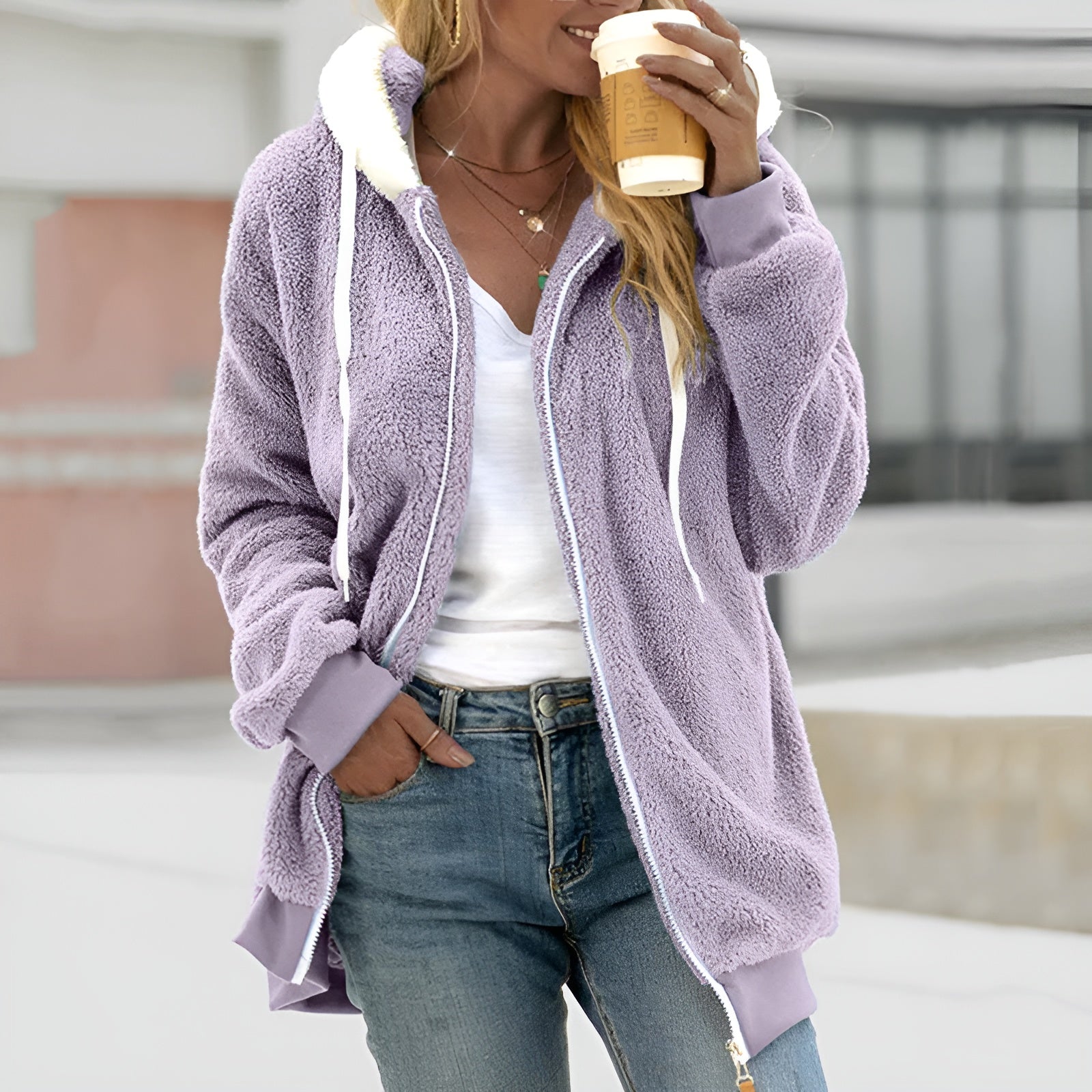Gilet con cappuccio in pile Teddy da donna | Oversize, chiusura con cerniera
