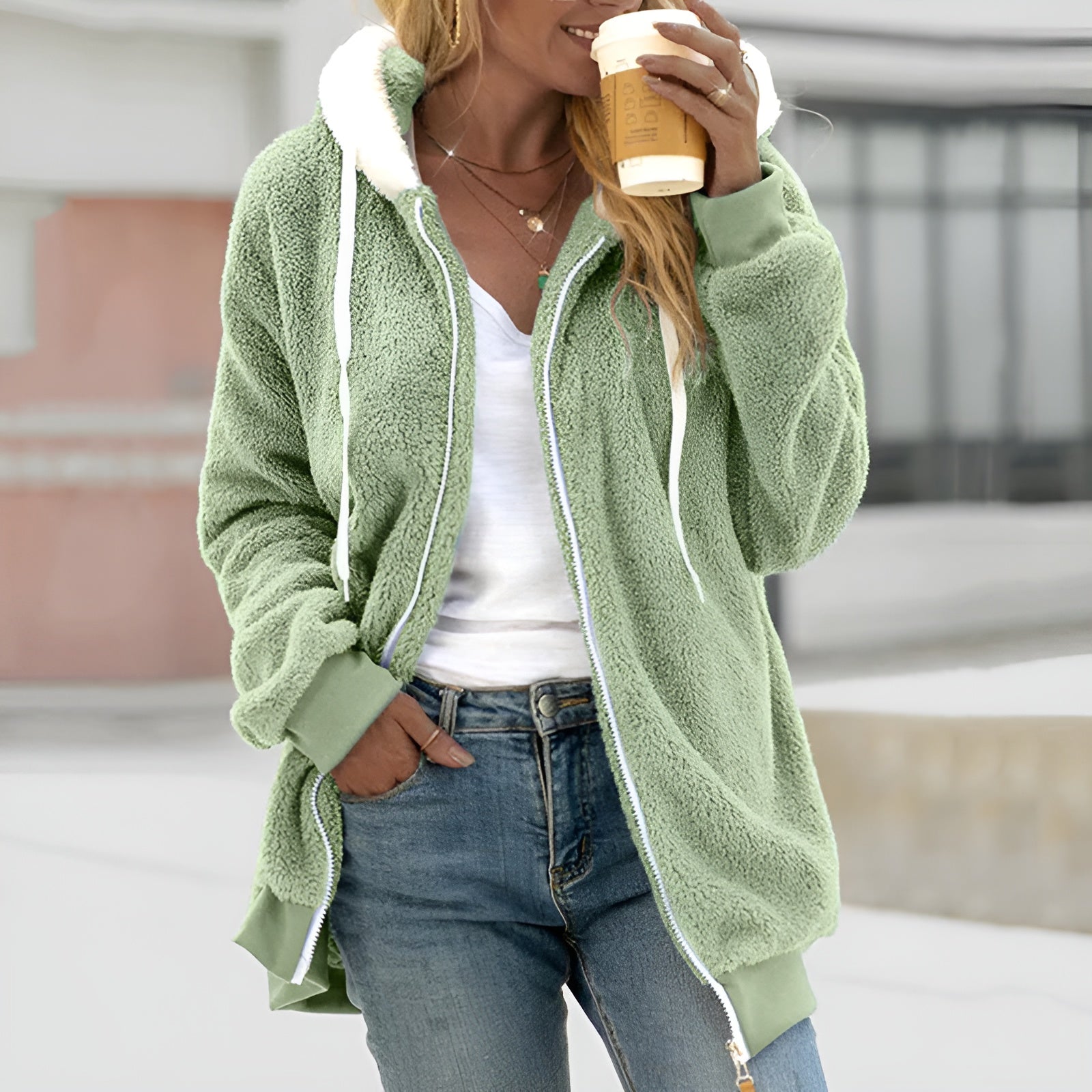 Gilet con cappuccio in pile Teddy da donna | Oversize, chiusura con cerniera