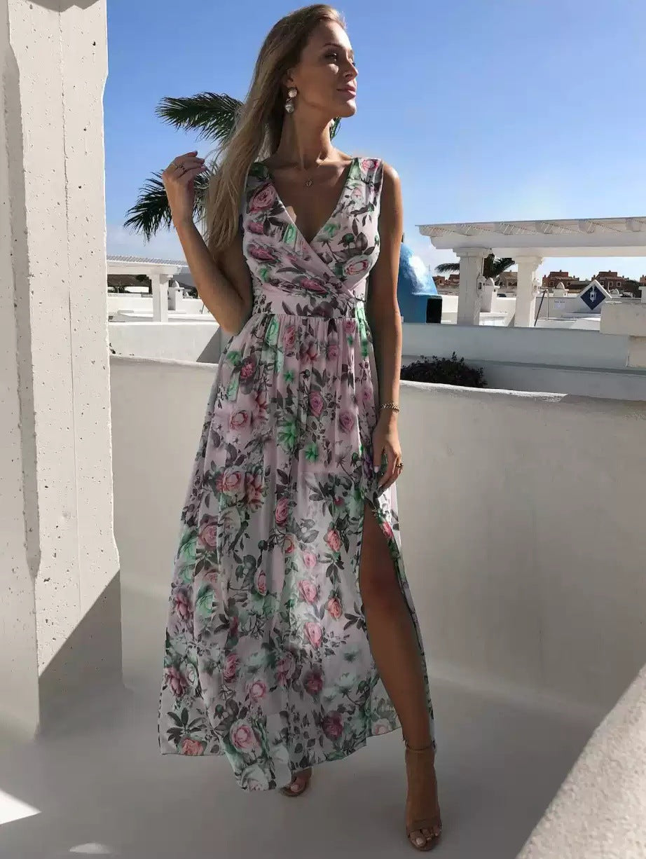 Abito estivo leggero da donna con stampa floreale e spacco alto | Maxi