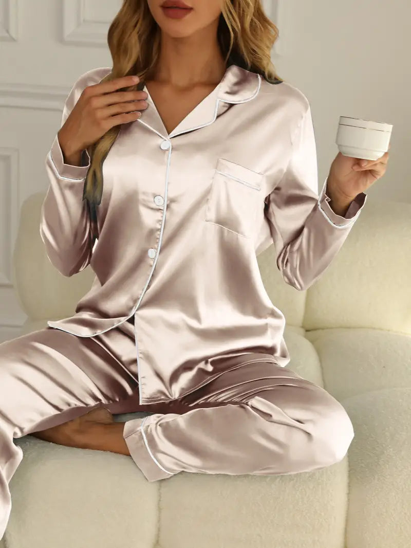 Dames luxe satijnen pyjama set | Lange mouwen knoopsluiting