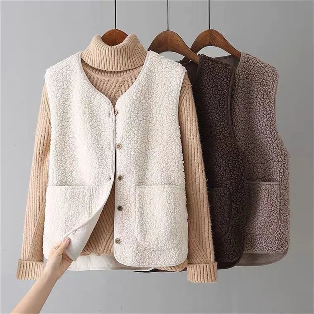 Gilet lavorato a maglia in pile caldo da donna | lungo senza maniche