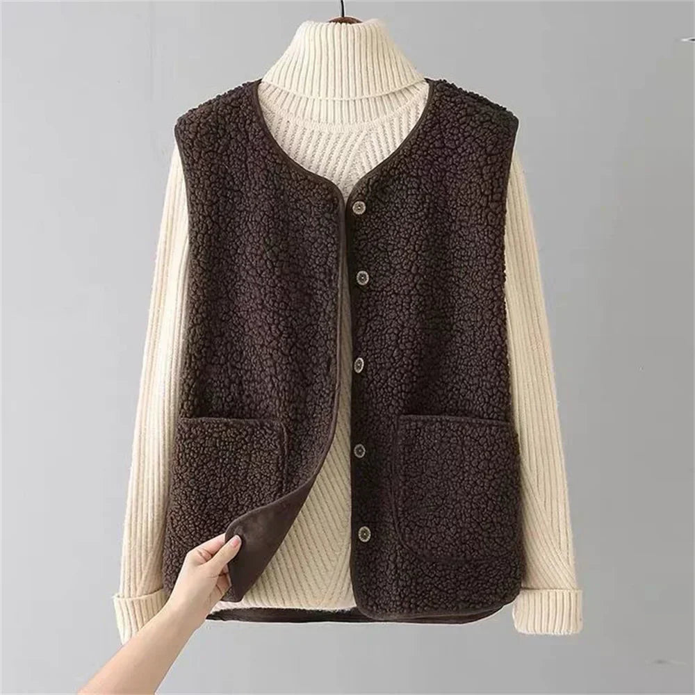 Gilet lavorato a maglia in pile caldo da donna | lungo senza maniche
