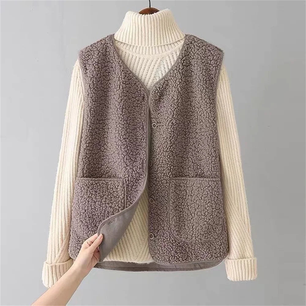 Gilet lavorato a maglia in pile caldo da donna | lungo senza maniche