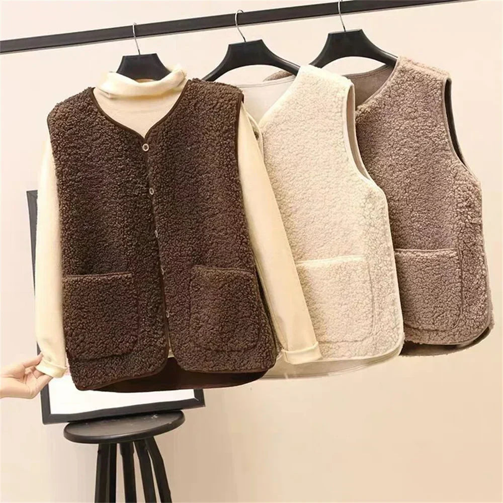 Gilet lavorato a maglia in pile caldo da donna | lungo senza maniche