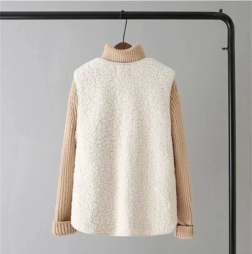 Gilet lavorato a maglia in pile caldo da donna | lungo senza maniche