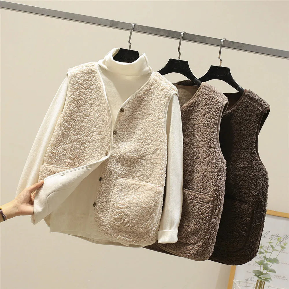 Gilet lavorato a maglia in pile caldo da donna | lungo senza maniche
