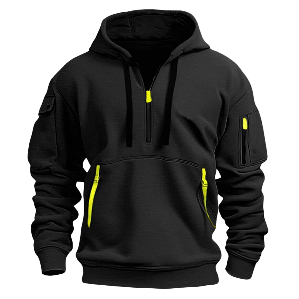 Zwarte herenhoodie met gele ritsen, comfortabele pasvorm, lange mouwen en capuchon. Ideaal voor casual en sportieve outfits.